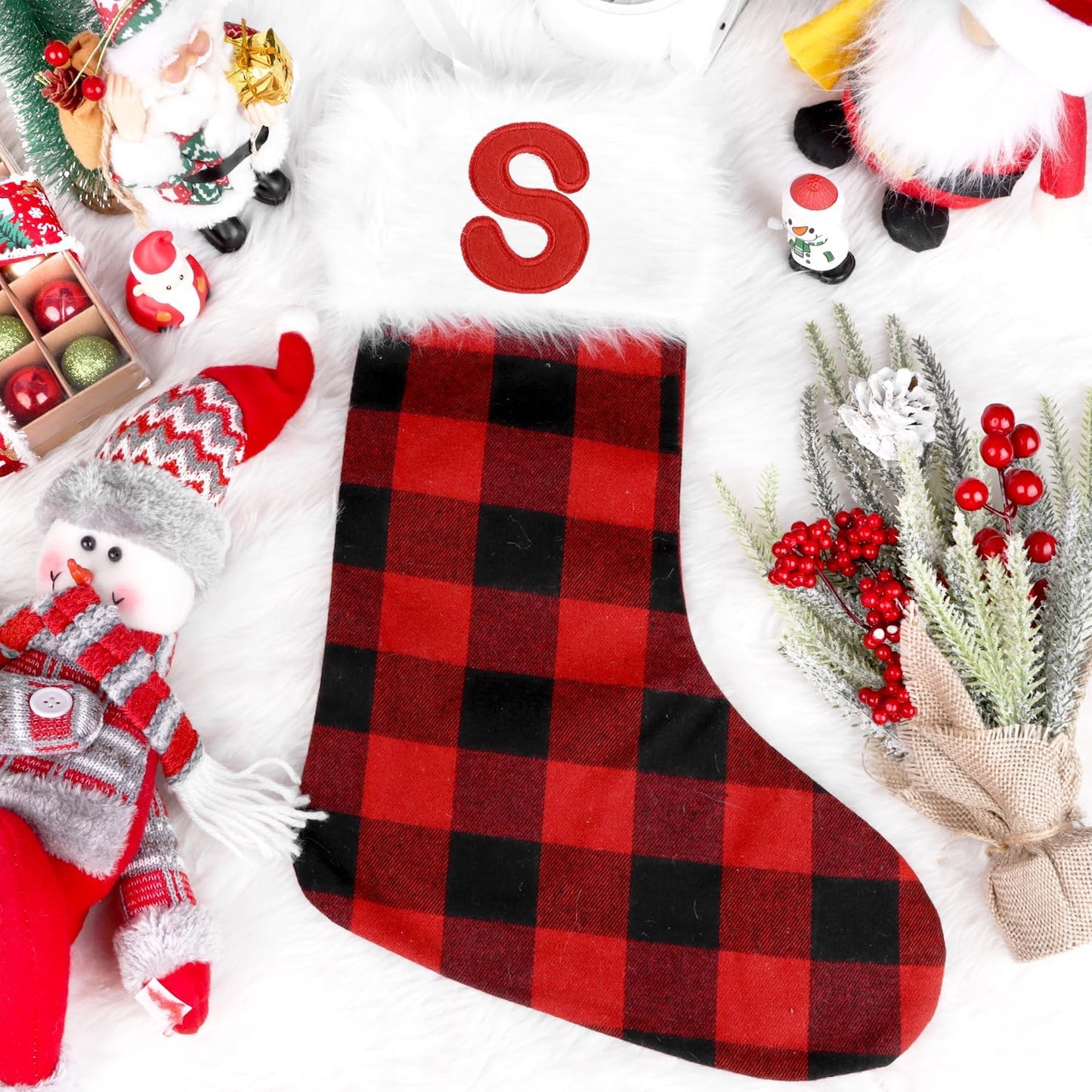 20 Inch Christmas Stockings Large Embroidered Stockings Plush Embroidered Stockings Christmas Stockings with Letters, Red Scotland Plaid Classic Christmas Stockings for Kids/Adult(S)