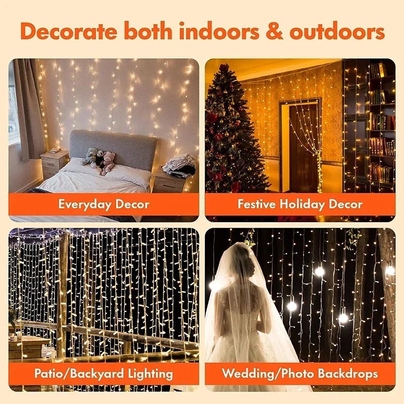 3M LED Curtain String Lights Fairy Decoration USB Holiday Garland Lamp 8 Mode for Home Garden Christmas Party New Year Wedding