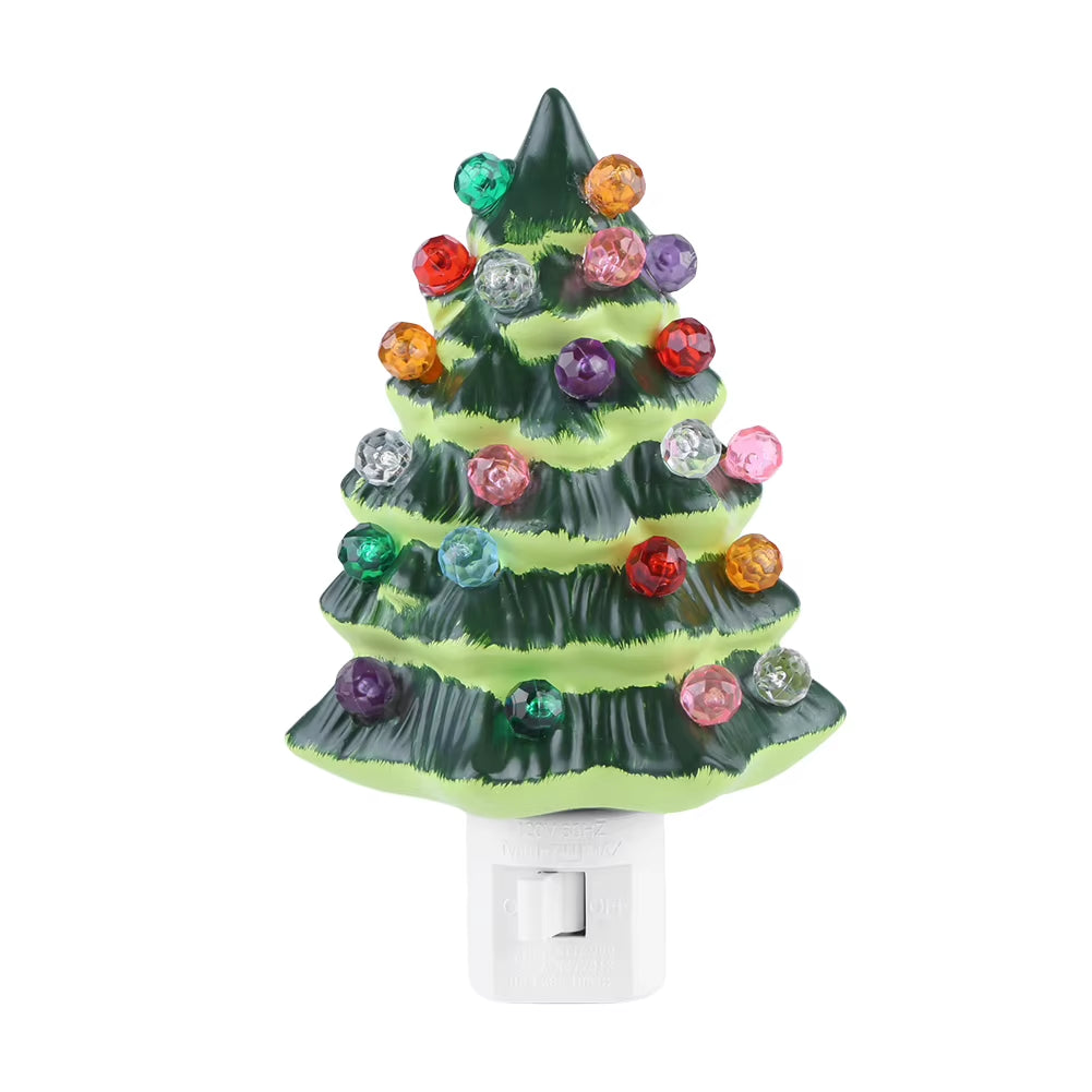 1/2CPS Ceramic Christmas Tree Night Light, Vintage Green Christmas Tree Wall Plug in Night Light, Hand Painted Eramic Nightlight