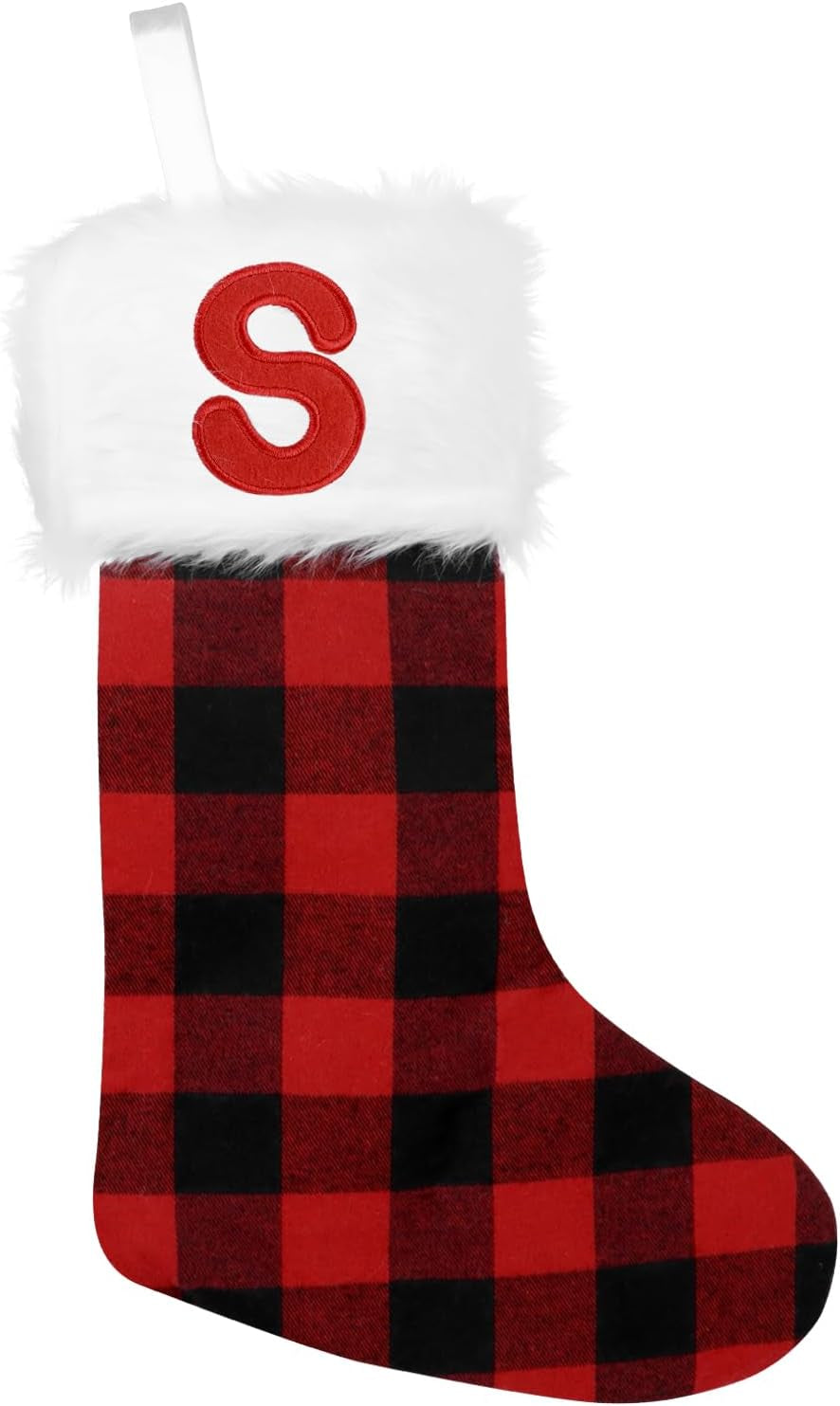 20 Inch Christmas Stockings Large Embroidered Stockings Plush Embroidered Stockings Christmas Stockings with Letters, Red Scotland Plaid Classic Christmas Stockings for Kids/Adult(S)