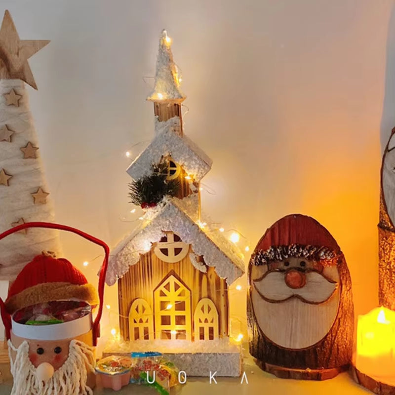 Christmas Wooden Decoration Landscaping Luminous Cabin Snow Scene Street Light House Handmade Landscape Decor Christmas Gifts