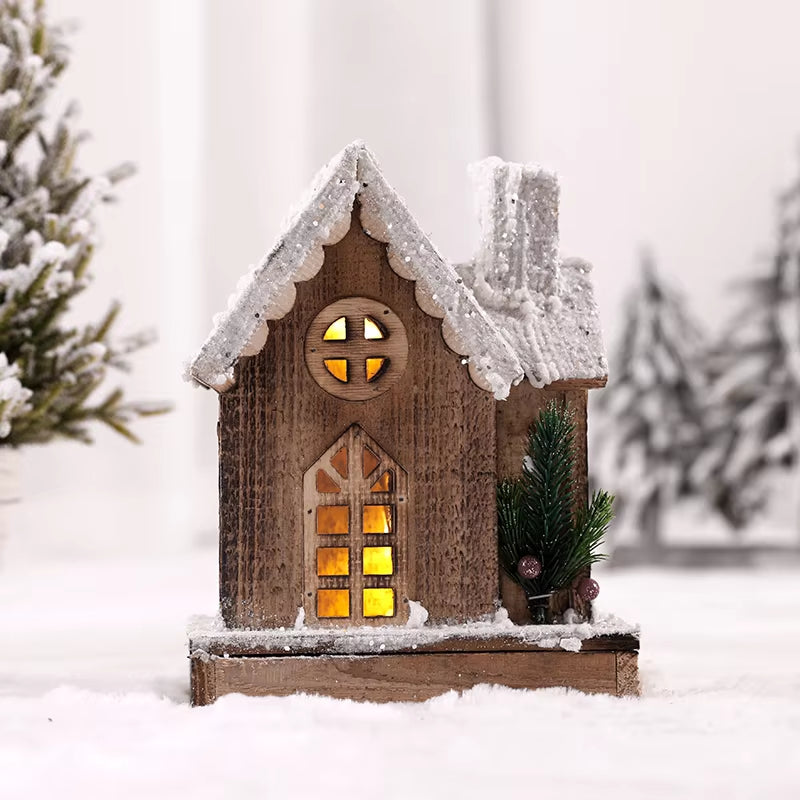 Christmas Wooden Decoration Landscaping Luminous Cabin Snow Scene Street Light House Handmade Landscape Decor Christmas Gifts