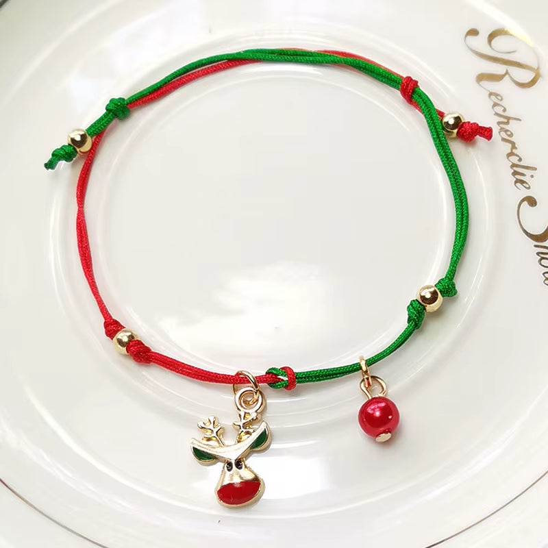 Christmas Theme Braided Rope Bracelet Santa Claus Elk Xmas Tree Alloy Pendant Bracelet Women Kid Gifts Party Jewelry Gifts