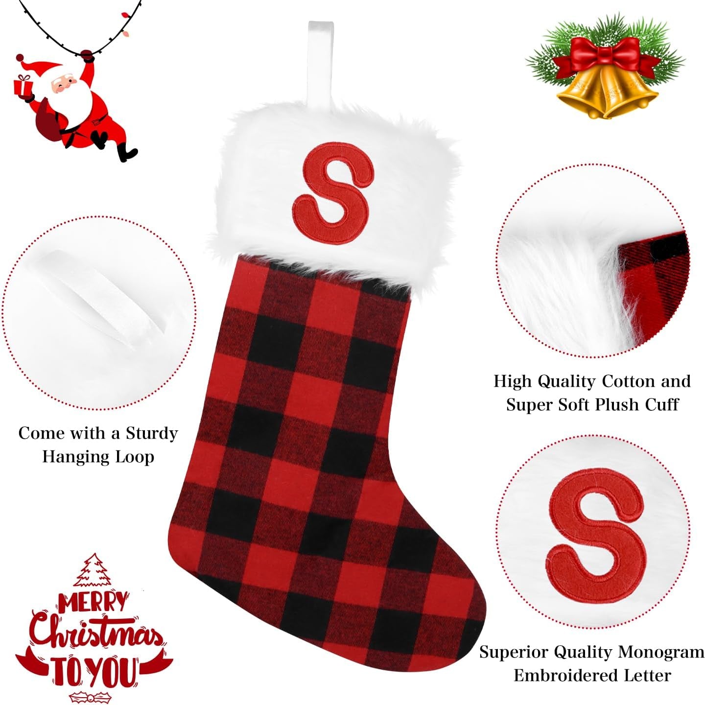 20 Inch Christmas Stockings Large Embroidered Stockings Plush Embroidered Stockings Christmas Stockings with Letters, Red Scotland Plaid Classic Christmas Stockings for Kids/Adult(S)