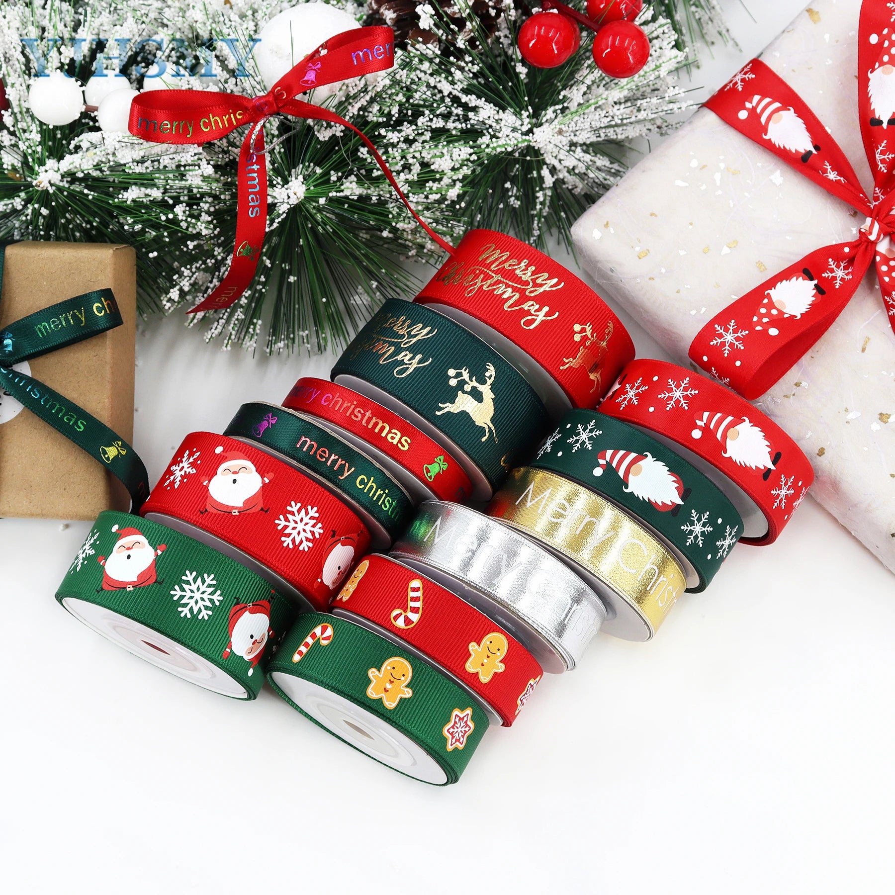 Christmas Ribbons Holiday Grosgrain Satin Ribbons for Christmas Gifts Wrapping Christmas Tree Decorations Festival DIY Crafts 5Y