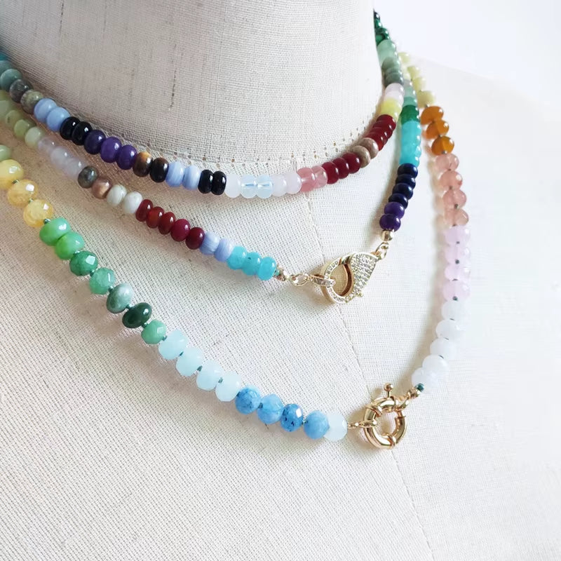 Women Fashion Boho Yellow Jade Pink Crystal Stone White Marble Green Aventurine Mashup Necklaces Banquet Party Glamour Jewelry