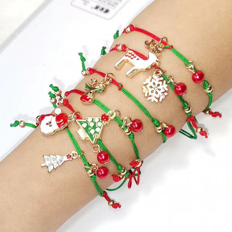 Christmas Theme Braided Rope Bracelet Santa Claus Elk Xmas Tree Alloy Pendant Bracelet Women Kid Gifts Party Jewelry Gifts