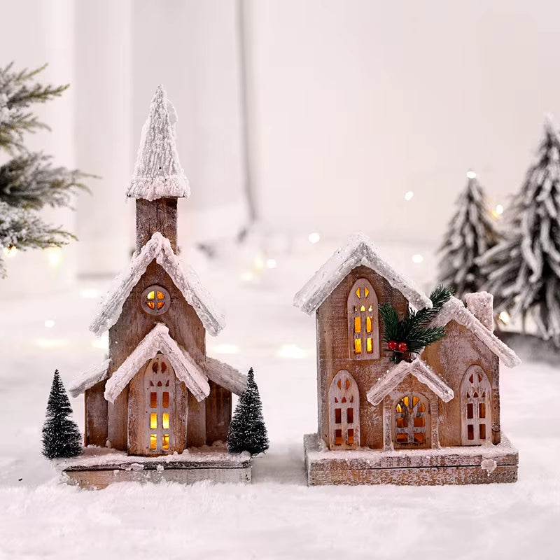 Wooden Christmas Street Light Landscaping Decoration Luminous Cabin Snow Scene House Handmade Landscape Christmas Gifts Navidad