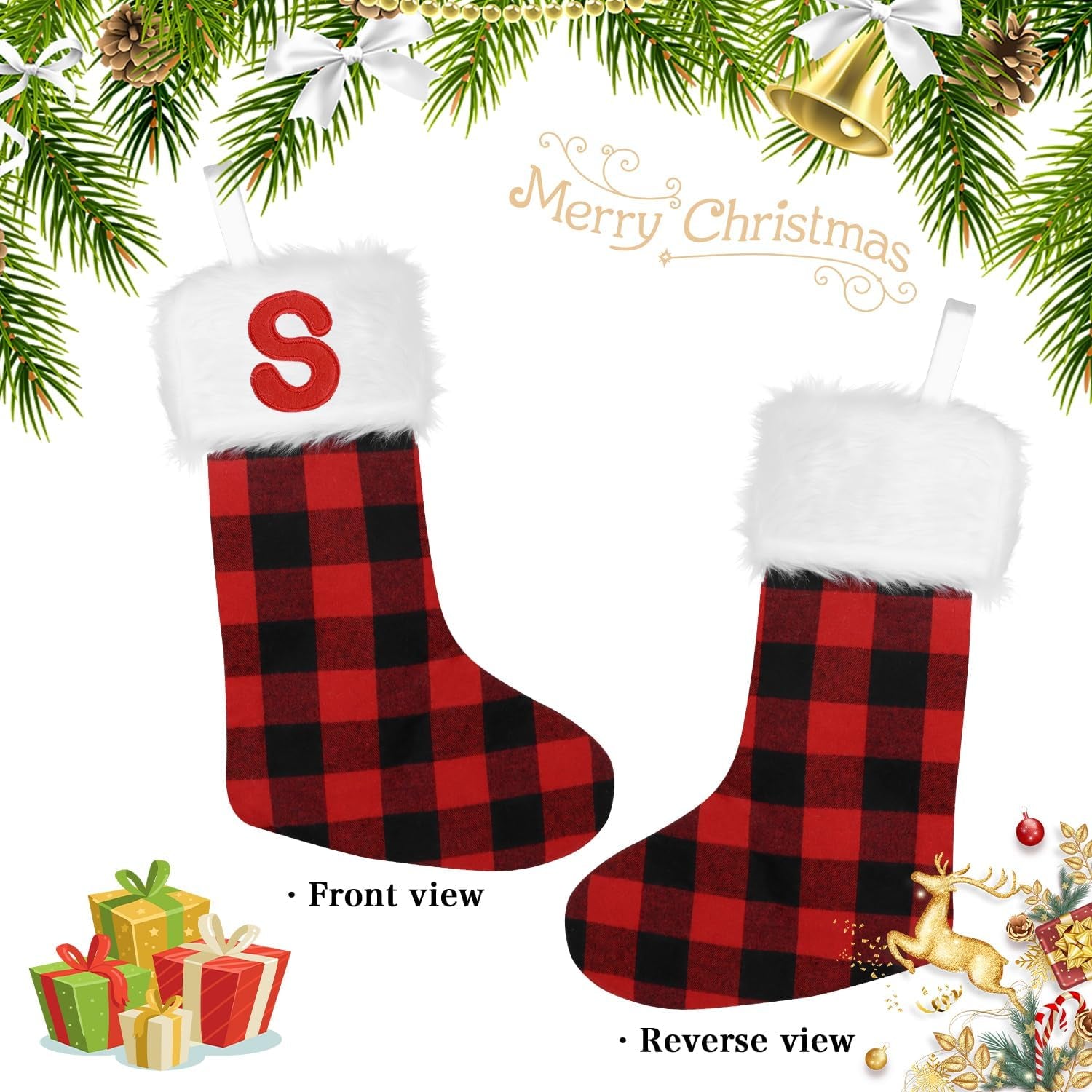 20 Inch Christmas Stockings Large Embroidered Stockings Plush Embroidered Stockings Christmas Stockings with Letters, Red Scotland Plaid Classic Christmas Stockings for Kids/Adult(S)