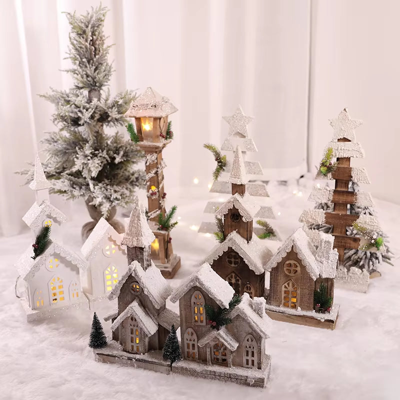 Christmas Wooden Decoration Landscaping Luminous Cabin Snow Scene Street Light House Handmade Landscape Decor Christmas Gifts