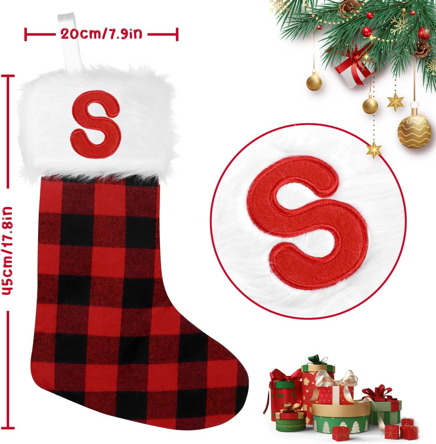 20 Inch Christmas Stockings Large Embroidered Stockings Plush Embroidered Stockings Christmas Stockings with Letters, Red Scotland Plaid Classic Christmas Stockings for Kids/Adult(S)