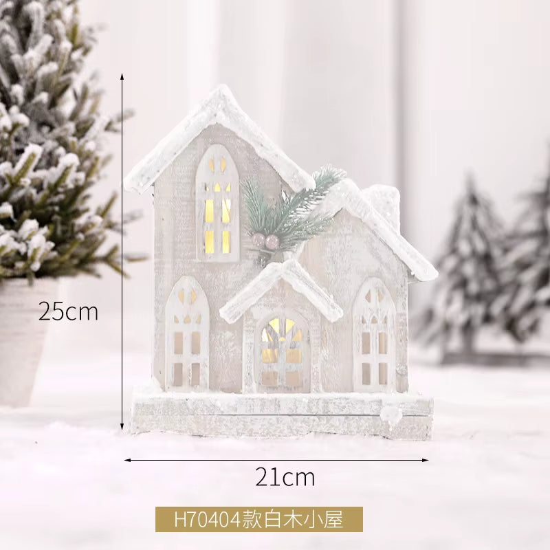 Wooden Christmas Street Light Landscaping Decoration Luminous Cabin Snow Scene House Handmade Landscape Christmas Gifts Navidad