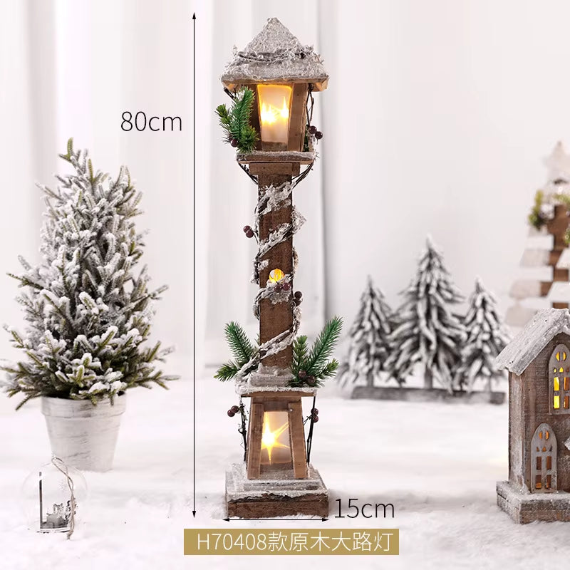 Wooden Christmas Street Light Landscaping Decoration Luminous Cabin Snow Scene House Handmade Landscape Christmas Gifts Navidad