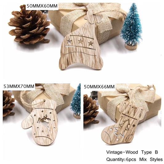 6PCS Vintage Christmas Tree Wooden Ornaments Christmas Tree Hanging Pendants DIY Wood Crafts Christmas Gifts Decorations