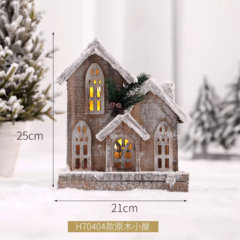 Wooden Christmas Street Light Landscaping Decoration Luminous Cabin Snow Scene House Handmade Landscape Christmas Gifts Navidad